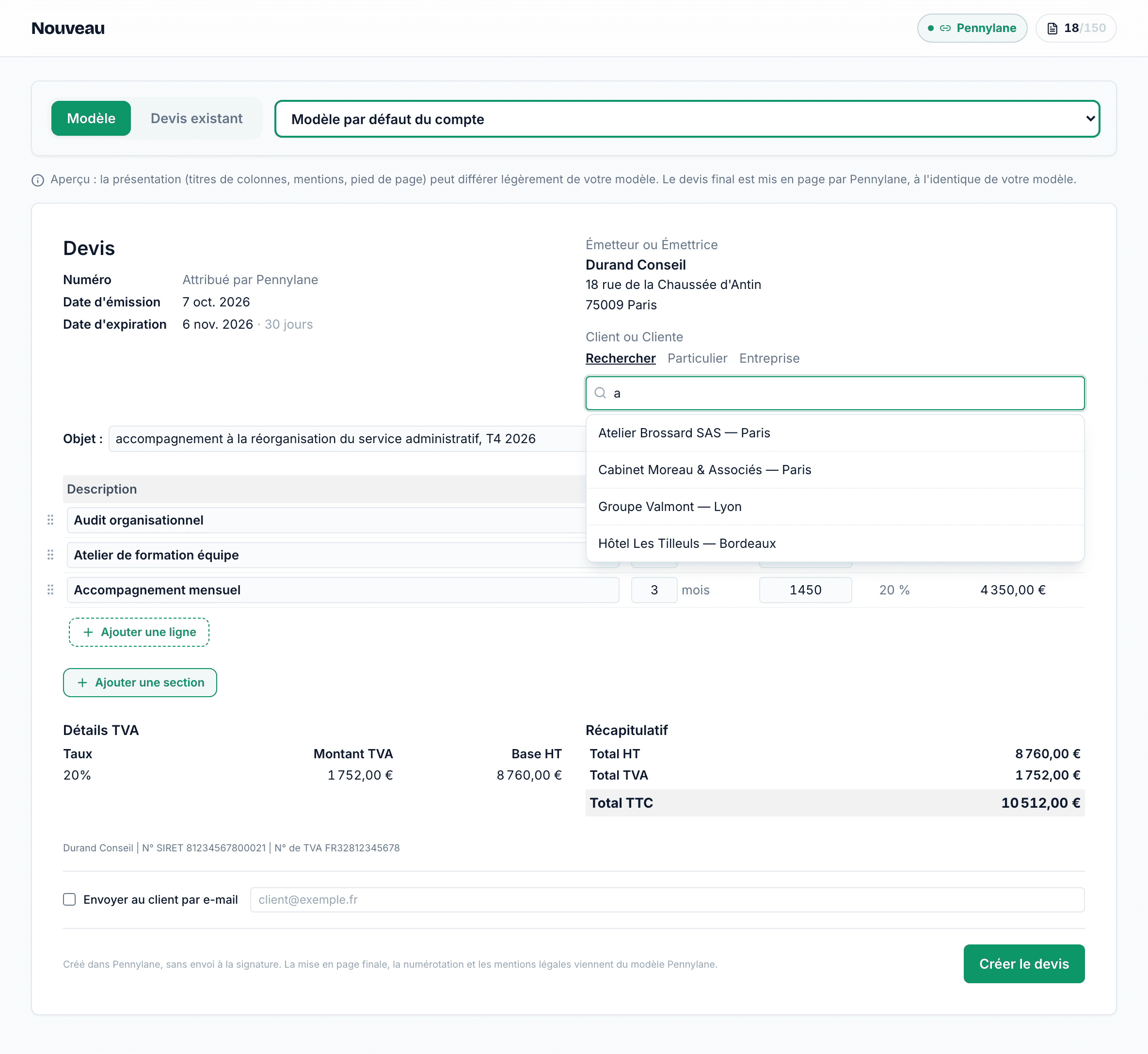 Nouveau devis : recherche client ouverte sur quatre clients Pennylane, trois lignes du catalogue, total 10 512 € TTC